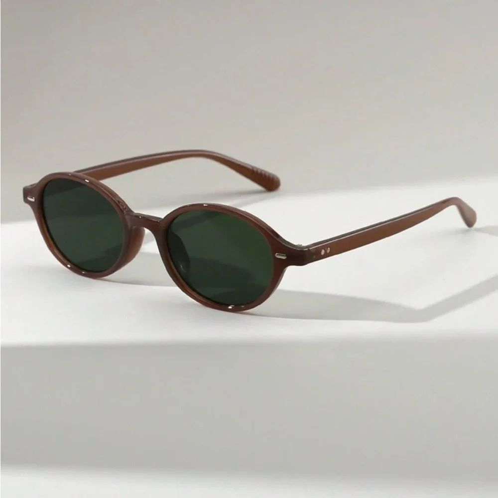 Mocha Brown Frame Green Lens Oval Sunglasses